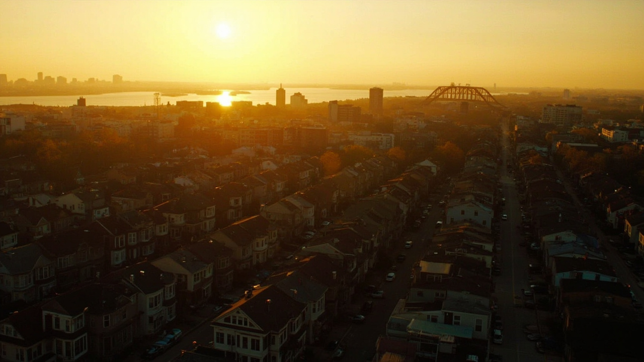 Aerial view of Everett, the Mystic River, and the Greater Boston skyline at golden hour